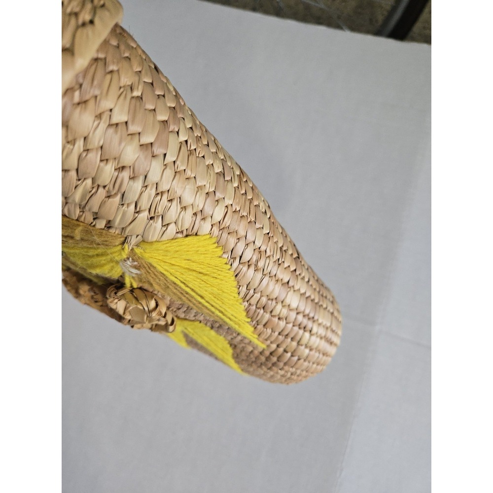 Vtg 1970s Woven Straw Leather Handbag 3D Flower Yarn Leaves MCM Boho Yellow Tan - Picture 5 of 13